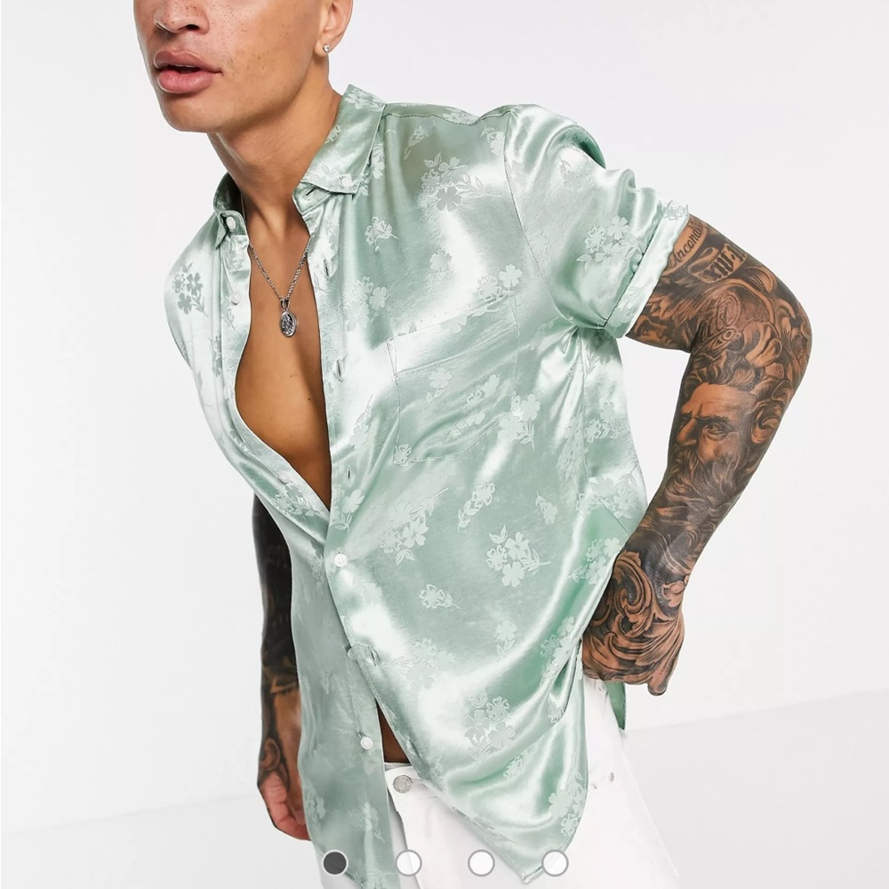 ASOS DESIGN Satin Jacquard Mint Button Down Shirt